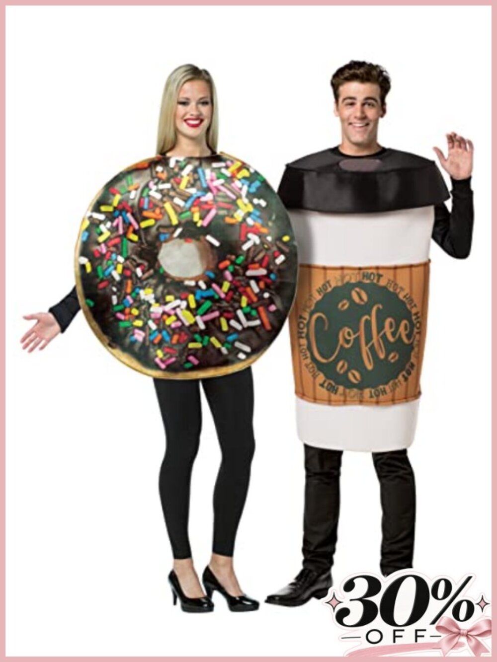 Dunk It Coffee 2 Go Cup & Chocolate Donut Couples Costume 2 Tunics Unisex